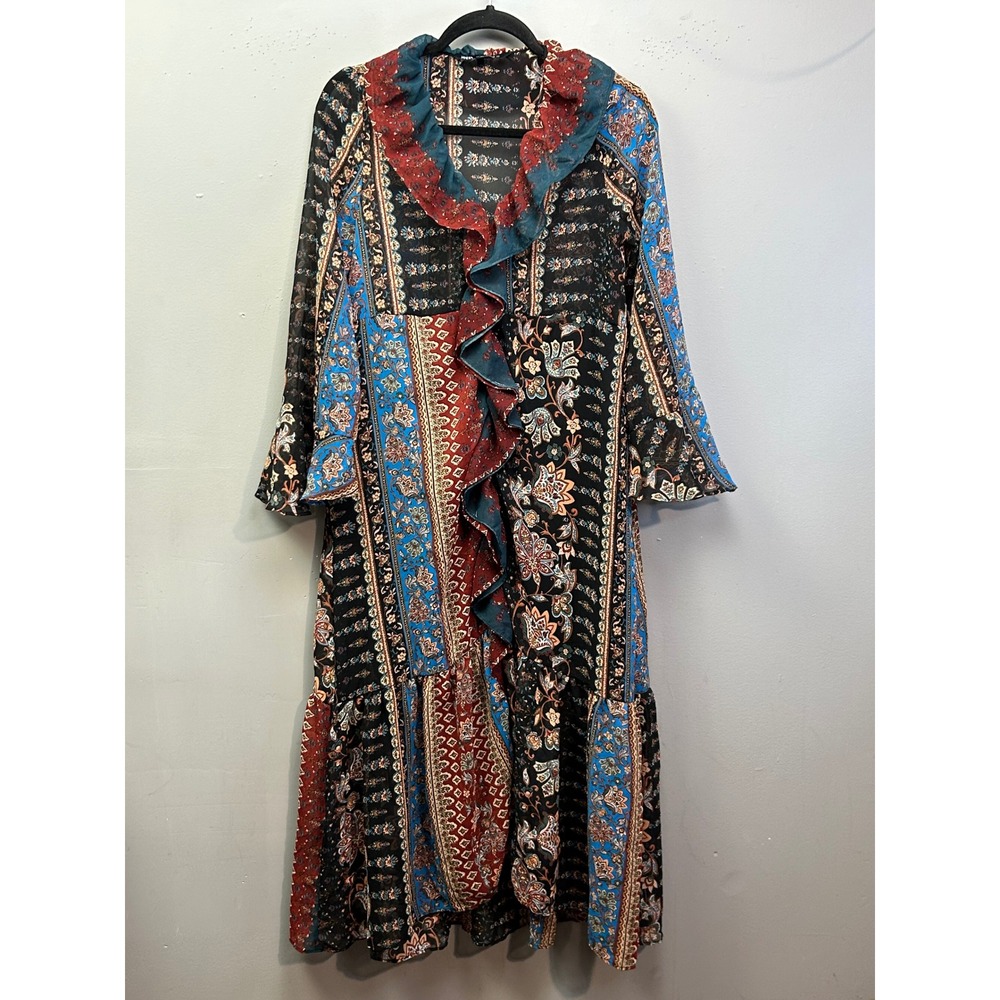 Zara Dress Womens XS Multicolor Patchwork Paisley Boho Ruffle Tier Midi Cottage